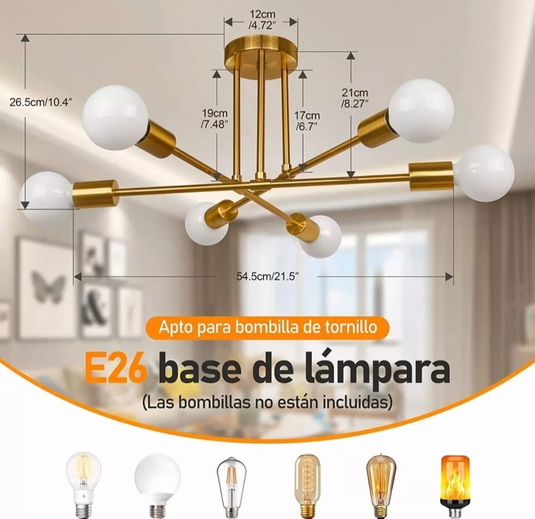 Lámpara De Techo Colgante, Moderna 6 Luces Dorada