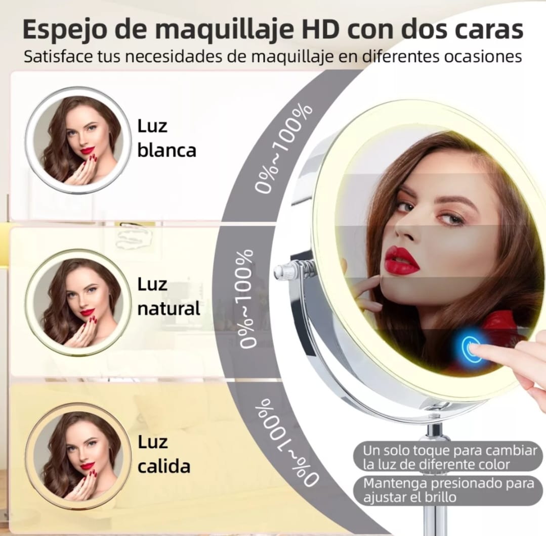 Espejo De Maquillaje Led Retráctil Aumento Doble Cara Usb